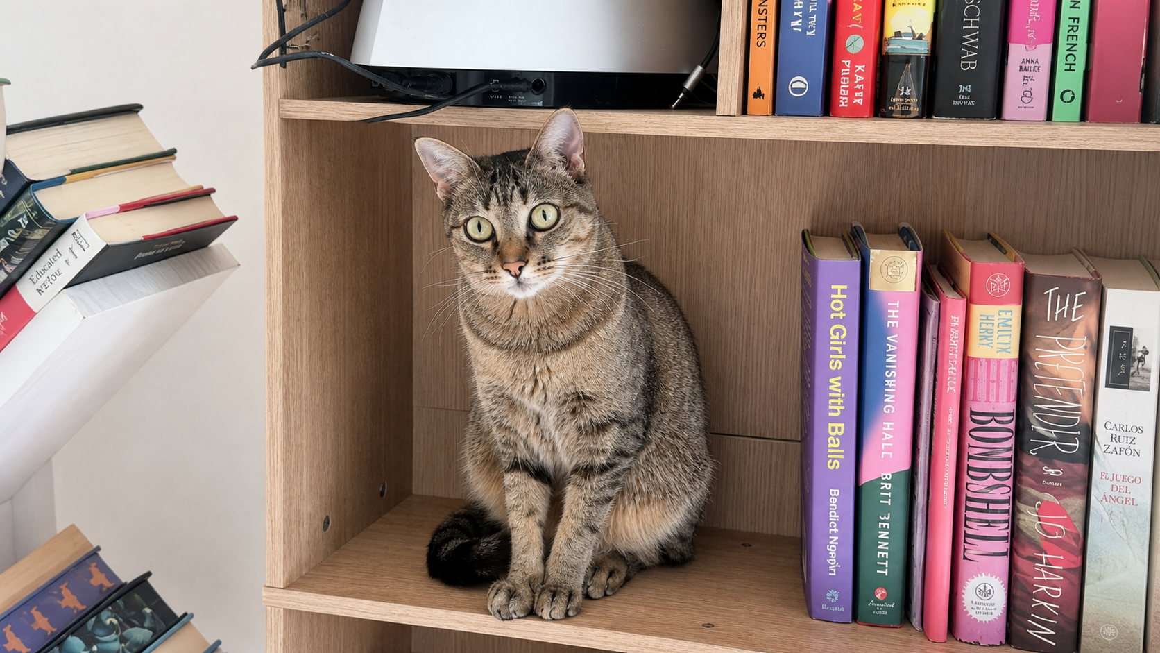 Uno de los gatos de Luciano sentado entre libros de colores
