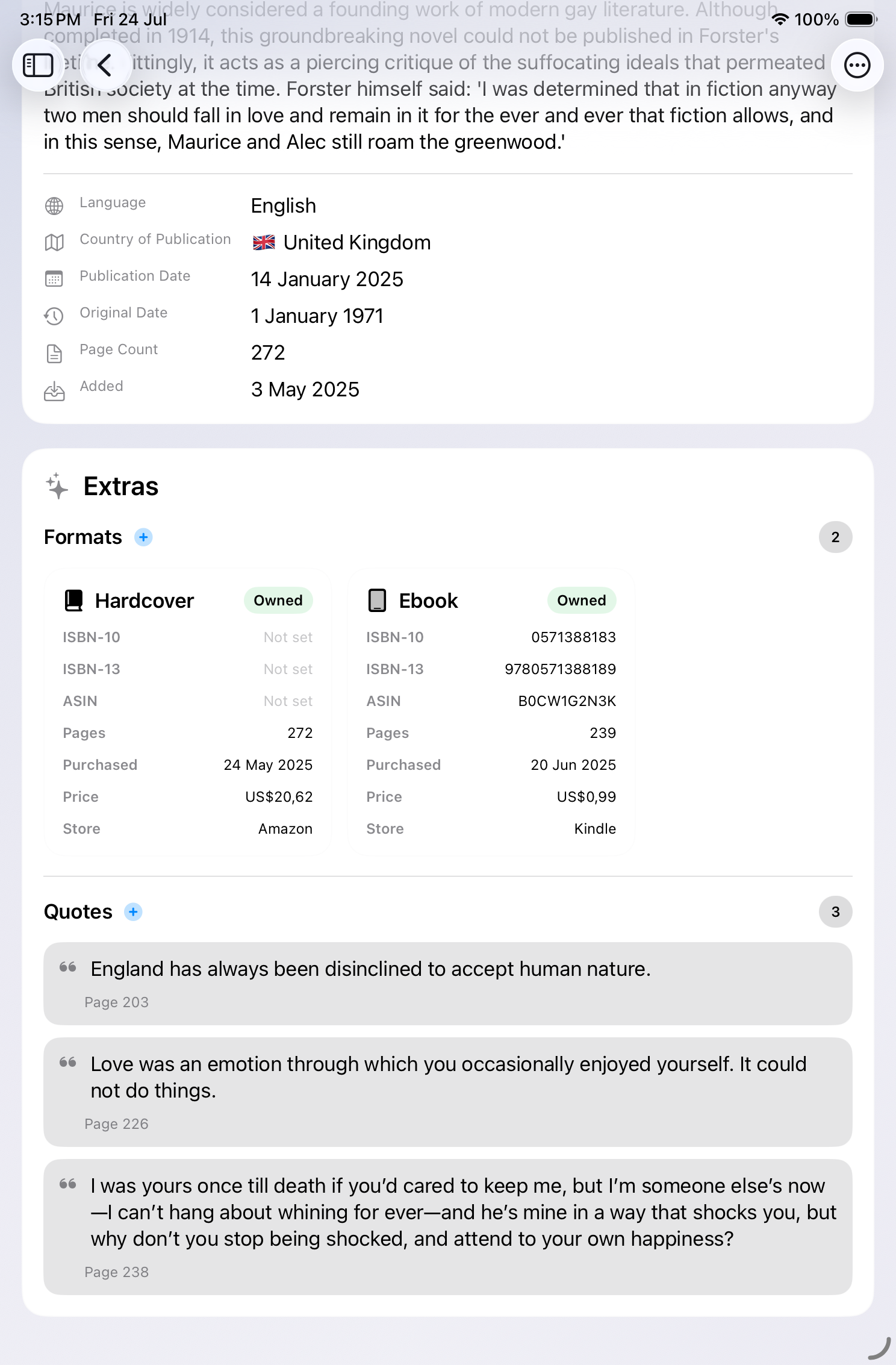 Formatos, datos de publicación y citas guardadas de un libro en BookVault para iPad