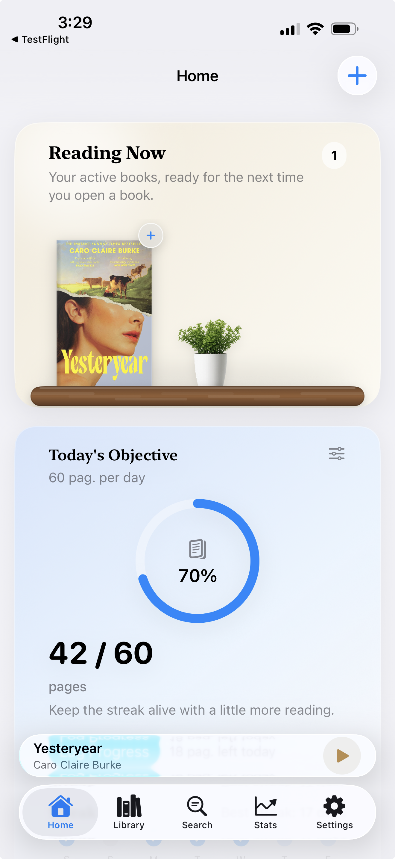 Pantalla de inicio de BookVault con la lectura actual y el objetivo diario en iPhone