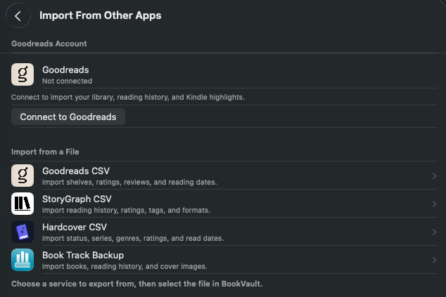 Opciones para importar desde Goodreads, StoryGraph, Hardcover y Book Track