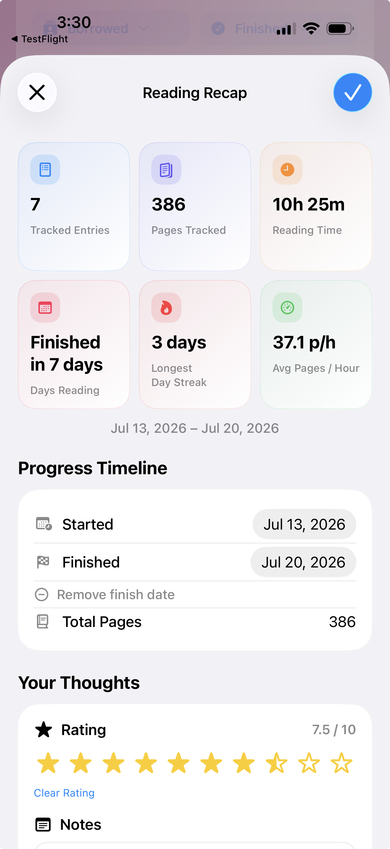 Resumen de una lectura terminada con páginas, tiempo, racha, calificación y notas en iPhone
