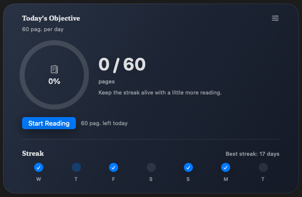 Objetivo diario de lectura y racha semanal en BookVault
